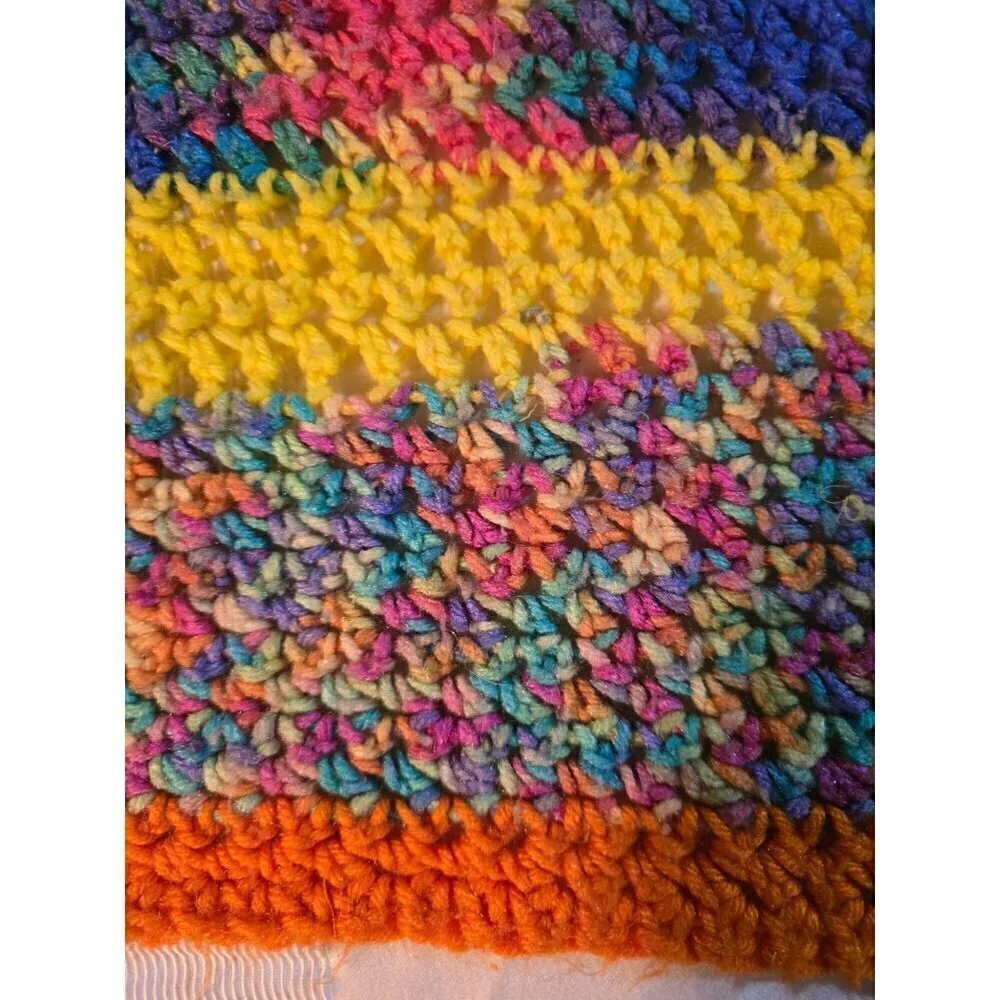 Vintage Handmade Colorful Space Dye Afghan Knit Crochet Throw Blanket Cottage Gr